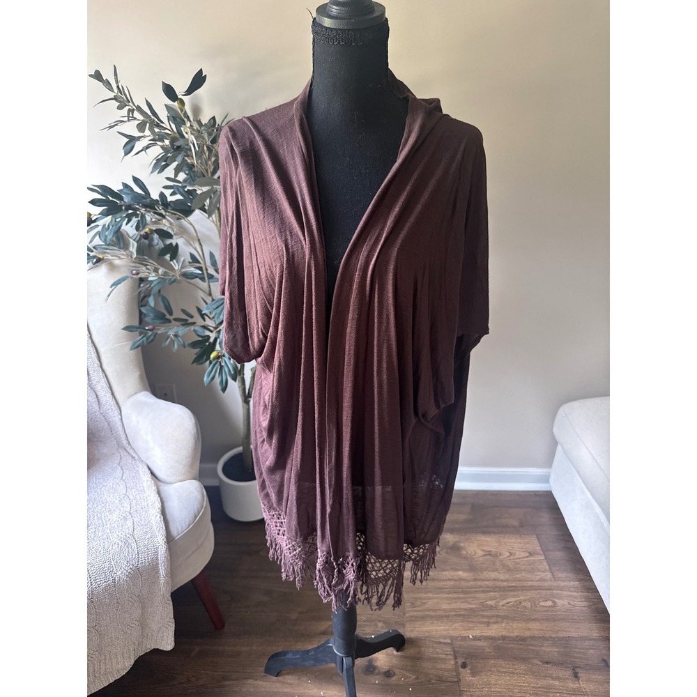 New Directions Brown Open Front Cardigan Crochet Lace Fringe Hem Dolman Sleeve L